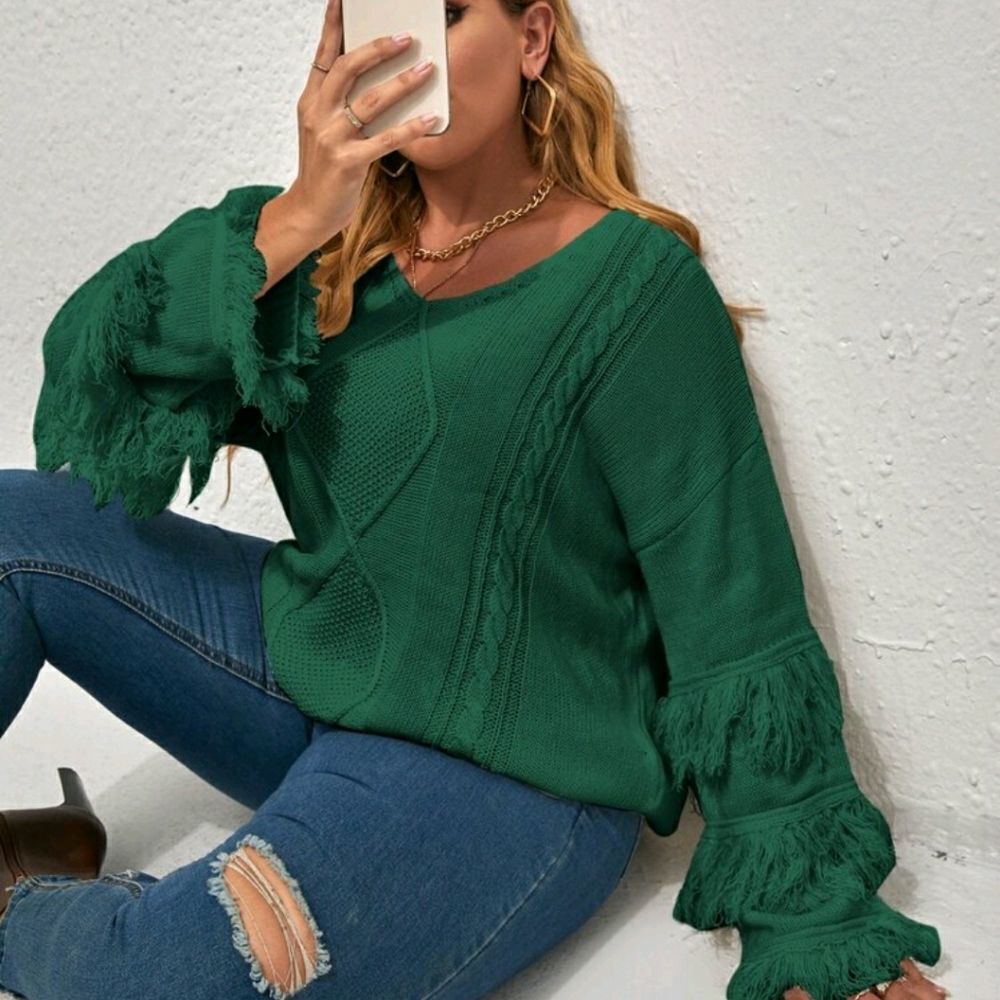 Plus Fringe Sleeve Cable Knit Sweater